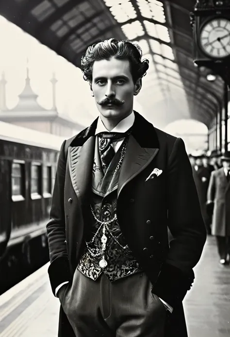 ((Man Portrait)), ( Victorian Fashion Style), ( Crystal Palace), ((Train Station)), British Style, Nobleman, Elegantism,scene of...