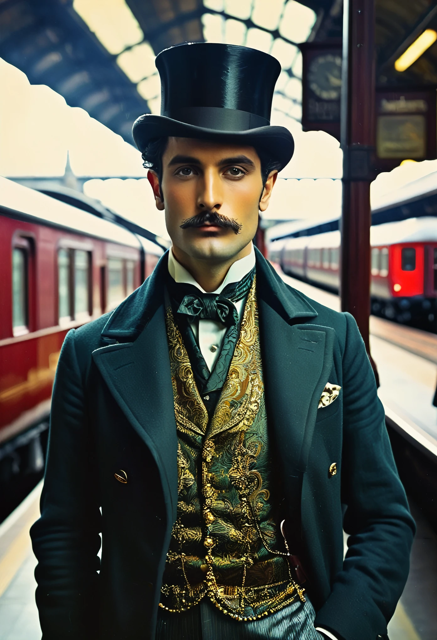 ((retrato de hombre)), ( Estilo de moda victoriana),(( foto en color)), ( Londres), ((estación de tren)), estilo británico, Nobleman, eleganteismo,escena de opulencia --c 22 --ar 27:40 --s 999 --v 6.0