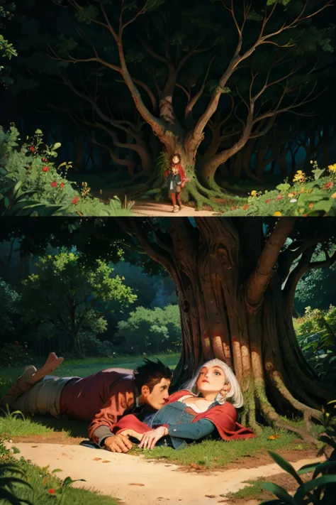 couple of lovers are lying under a huge tree in another world