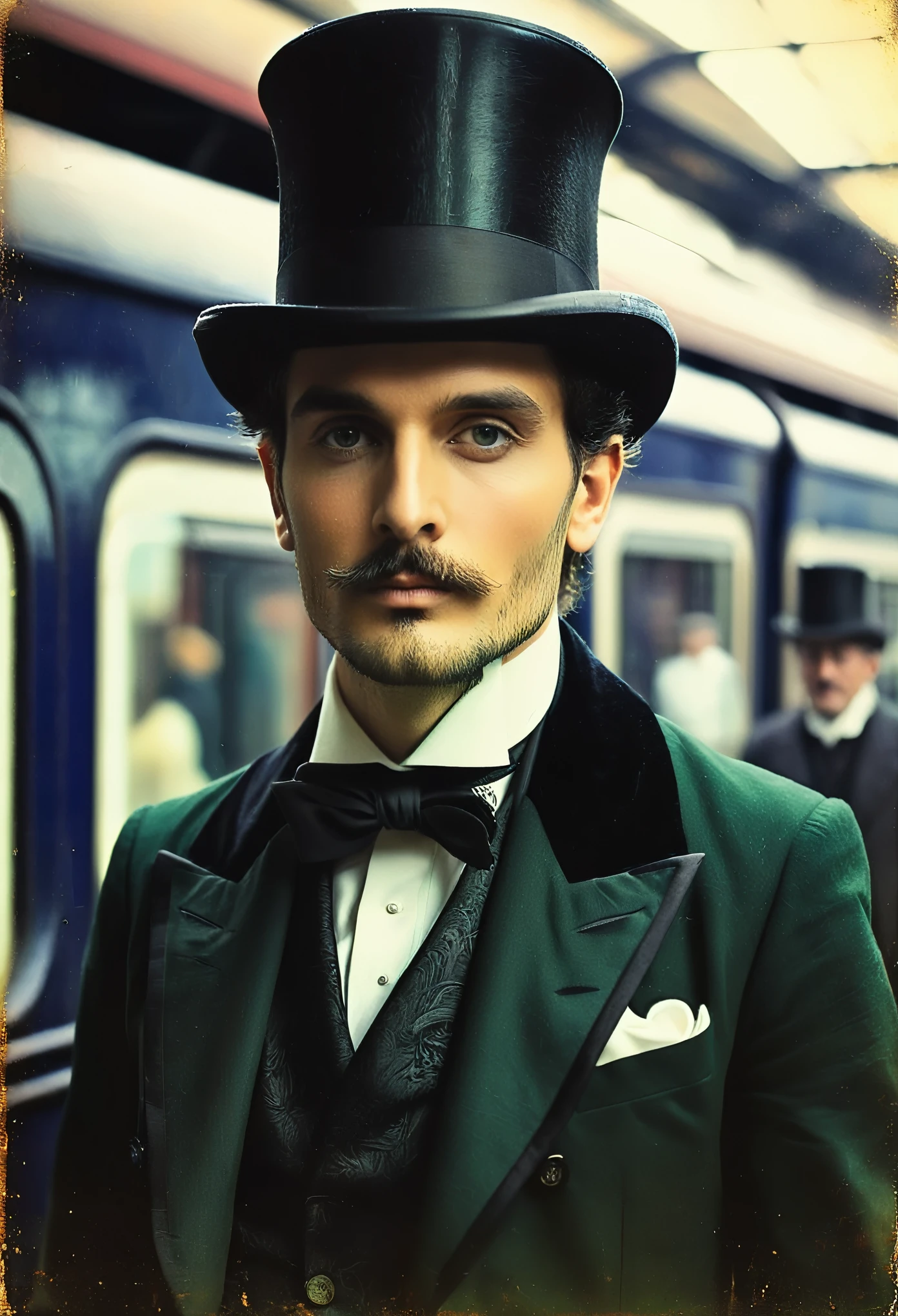 ((Man Portrait)), ((Wearing Top Hat)), ( Victorian Fashion Style),(( Color Photo)), ( London), ((Train Station)), British Style, Nobleman, Elegantism,scene of opulence --c 22 --ar 27:40 --s 999 --v 6.0