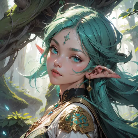 elf girl, concept art, 8k intricate details, surreal fairytale style, head tilt, oversized detailed {purple|green|blue|hazel|} e...