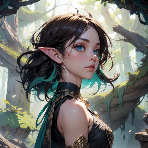 elf girl, concept art, 8k intricate details, surreal fairytale style, head tilt, oversized detailed {purple|green|blue|hazel|} e...