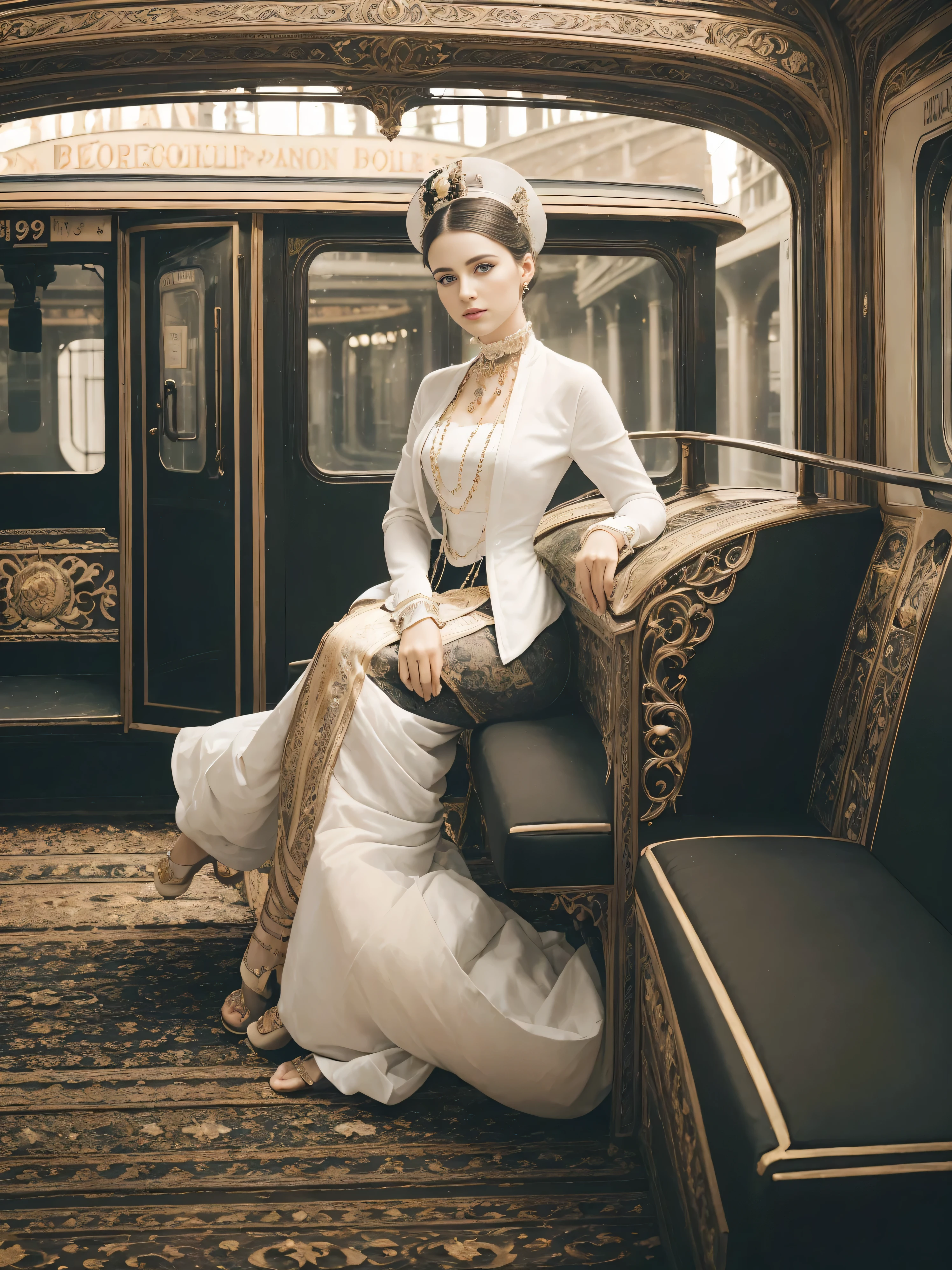 ((Woman Portrait)), ((Belle Epoque)), High class Lady,( Victorian Fashion Style),(( Color Photo)), ( London), ((Train Station)), British Style, Nobleman, Elegantism,scene of opulence --c 22 --ar 27:40 --s 999 --v 6.0