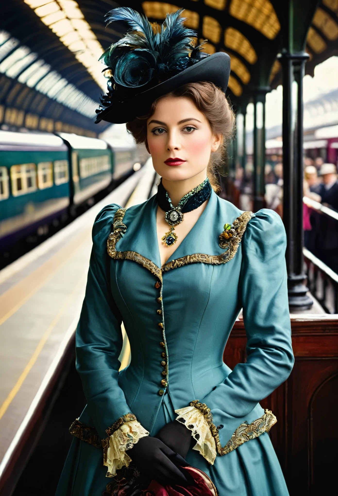 ((Woman Portrait)), ((Belle Epoque)), High class Lady,( Victorian Fashion Style),(( Color Photo)), ( London), ((Train Station)), British Style, Nobleman, Elegantism,scene of opulence --c 22 --ar 27:40 --s 999 --v 6.0