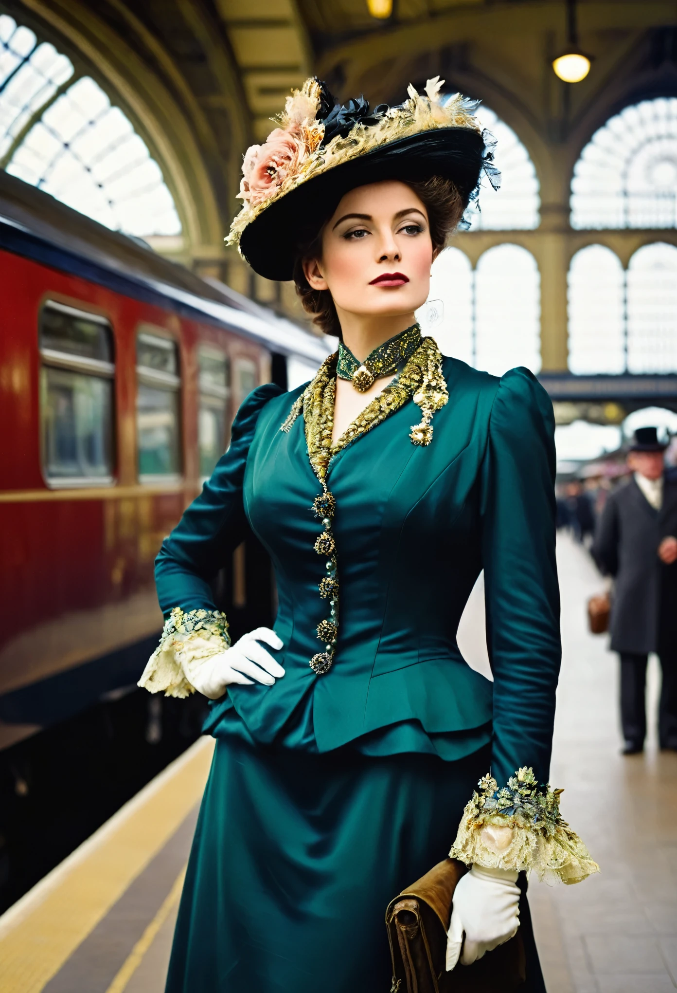 ((Woman Portrait)), ((Belle Epoque)), High class Lady,( Victorian Fashion Style),(( Color Photo)), ( London), ((Train Station)), British Style, Nobleman, Elegantism,scene of opulence --c 22 --ar 27:40 --s 999 --v 6.0