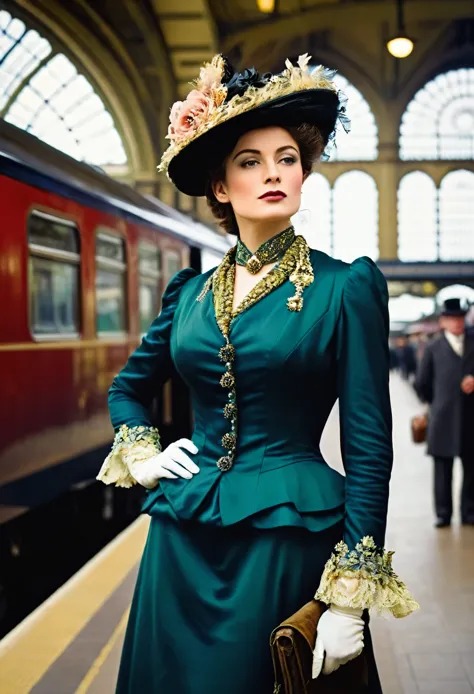 ((Woman Portrait)), ((Belle Epoque)), High class Lady,( Victorian Fashion Style),(( Color Photo)), ( London), ((Train Station)),...
