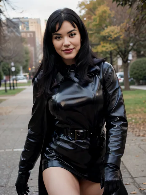 smiling Bettie Page  walking in the park. Close photo. Long black hair. ((Wearing maxy Black coat)) ((Black leather gloves)), maxy skirt, handbag over her shoulders,Winter. Perfect slim body anatomy. flirting with the camera, Photorealistic. Realistic colo...