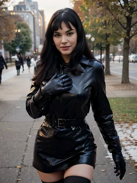 smiling Bettie Page  walking in the park. Close photo. Long black hair. ((Wearing maxy Black coat)) ((Black leather gloves)), maxy skirt, handbag over her shoulders,Winter. Perfect slim body anatomy. flirting with the camera, Photorealistic. Realistic colo...