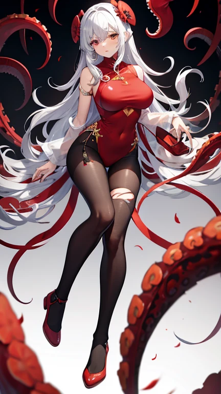 Torn red cheongsam，Broken black pantyhose，huge breasts，胸前Holes in clothes，Damaged clothes，Holes in clothes，Battle damage，Seriously injured，long white hair，Wipe the blood from the corner of your mouth with your hand，Weak，Gasping lightly，sideways，Half of your butt is exposed，Cell phone entangled in octopus tentacles，Entangled by octopus tentacles