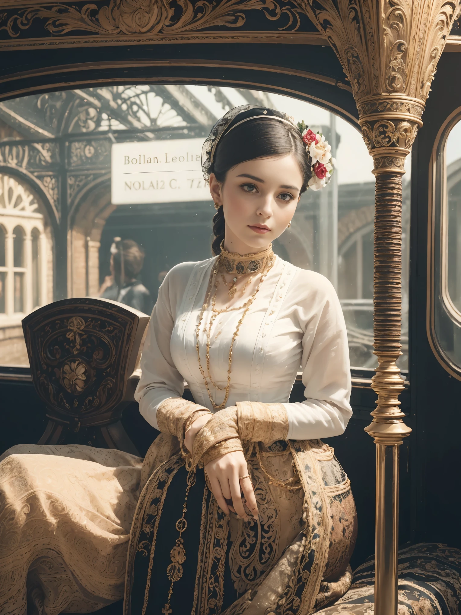 ((Woman Portrait)), ((Belle Epoque)), High class Lady,( Victorian Fashion Style),(( Color Photo)), ( London), ((Train Station)), British Style, Nobleman, Elegantism,scene of opulence --c 22 --ar 27:40 --s 999 --v 6.0