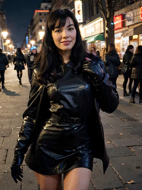 smiling Bettie Page  walking in the park. Close photo. Long black hair. ((Wearing maxy Black coat)) ((Black leather gloves)), soft  skirt, handbag over her shoulders,Winter. Perfect slim body anatomy. flirting with the camera, drinking a can of beer on a s...