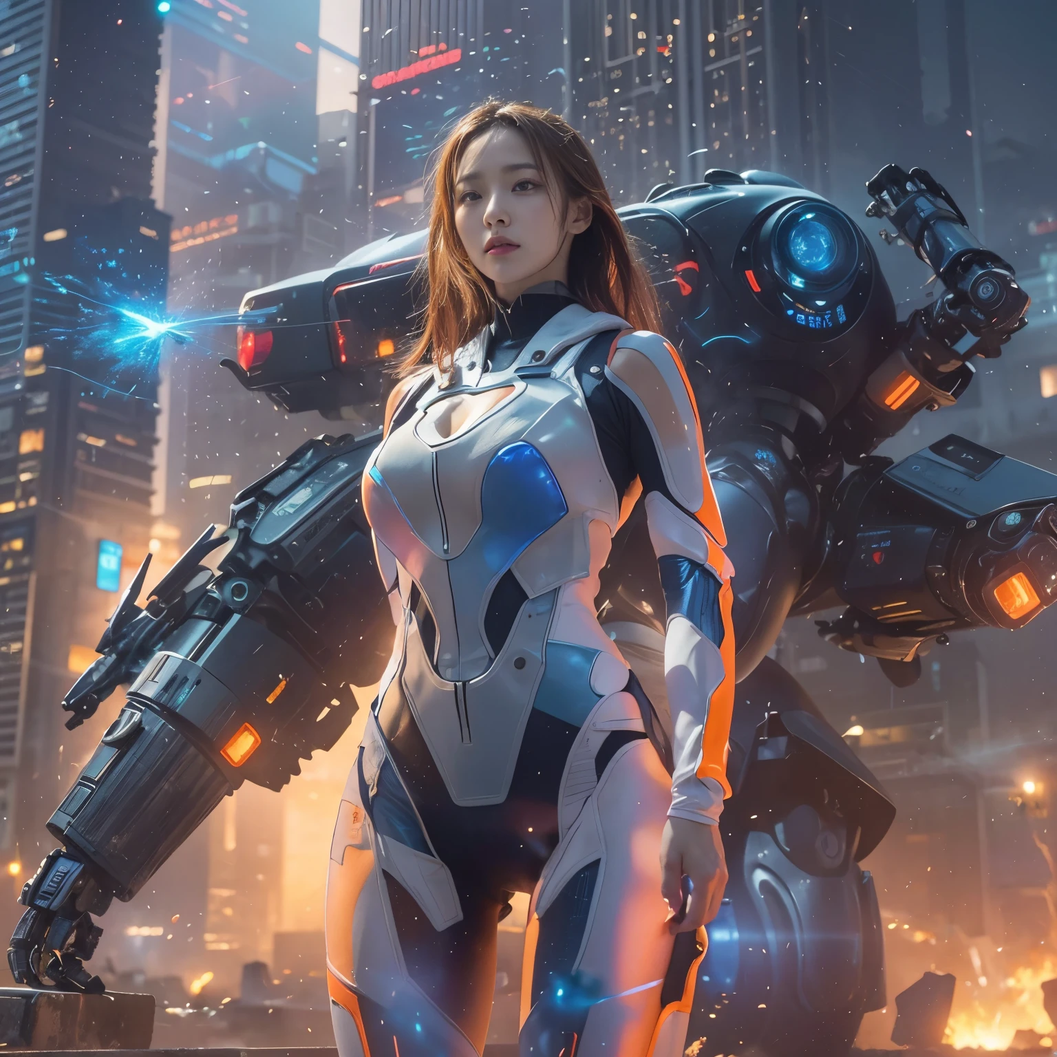 (highest quality、4k、8K、High resolution、masterpiece: 1.2)、Super detailed、(genuine、photogenuineistic、photogenuineistic: 1.37)、Destruction of a Great City、(A woman with telekinesis stands in front of a mech controlled by the invaders:1.37) 、(Women are young and beautiful、1、unparalleled beauty:1.5)、Insert a mental barrier to resist robot attacks、Vibrant cityscape、bright colors、Shining skyscrapers、Busy Street、Futuristic architecture and technology、Advanced Holographic Displays、Neon light splashes 、dramatic lighting、intense shadow、The awe-inspiring power that women exude、determination in his eyes、Elegant flowing gown、Dynamic action in the wind、Stretch out your arms and lunge towards the robot.、Powerful energy is emitted from the hands.、blue shining aura、sparks of electricity、electricity crackling in the air、A whirlpool of energy surrounding women、A fascinating and surgenuine atmosphere、A sense of danger and impending doom、Background chaos and destruction、Crumbling Building、Flying Debris、Smoke and flames、 The contrast between beauty and destruction、The battle between technology and the extraordinary power of young women。 cr1r3