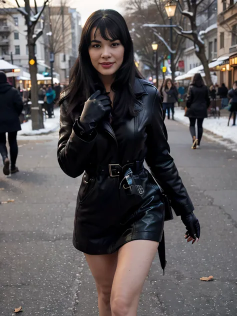 smiling Bettie Page  walking in the park. Close photo. Long black hair. ((Wearing maxy Black coat)) ((Black leather gloves)), soft  skirt, handbag over her shoulders,Winter. Perfect slim body anatomy. flirting with the camera, with a beer can in hand, drin...