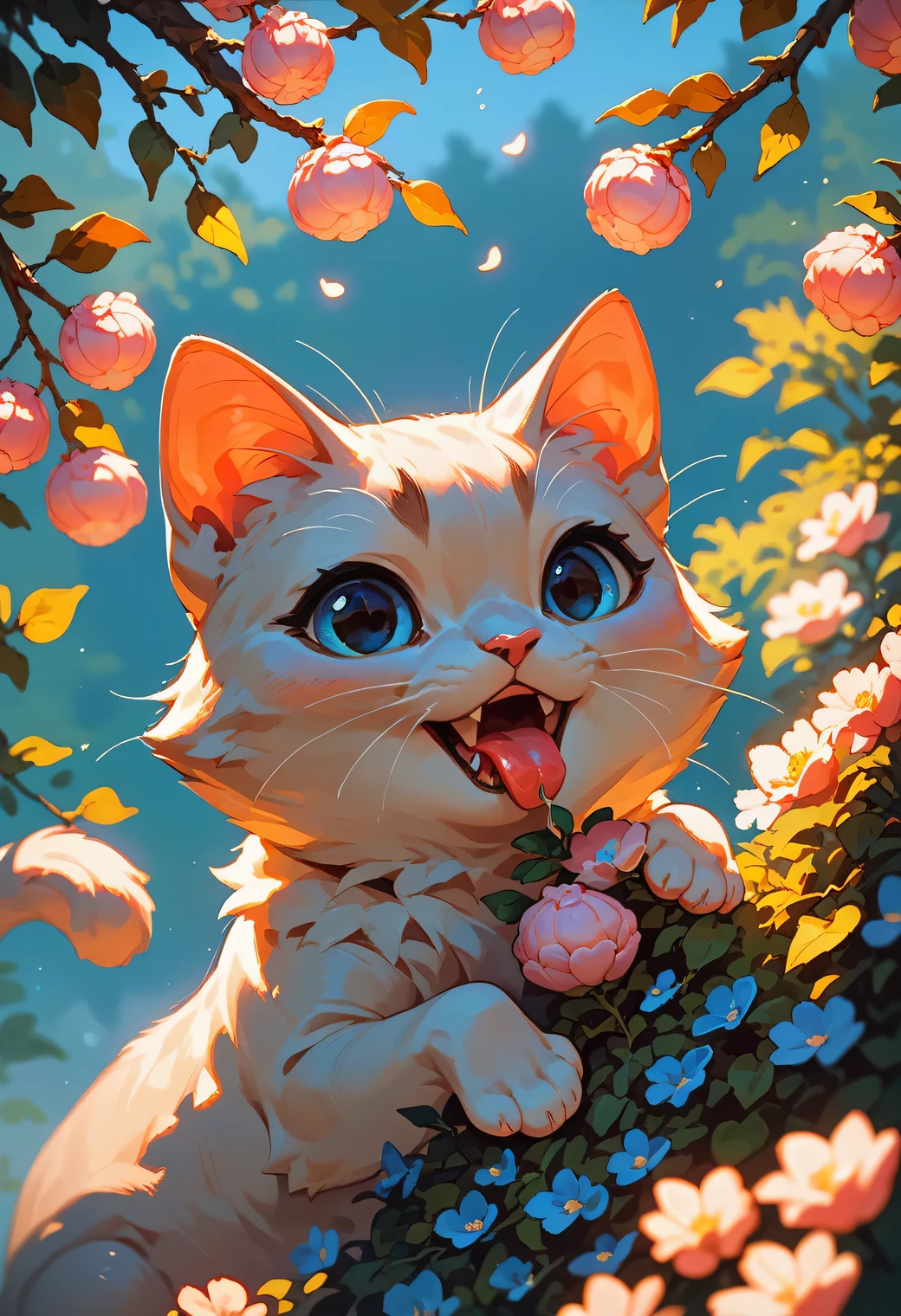 score_9, score_8_up, score_7_up, an adorable cat frolicking, ambient spring, white,blue and pink tetradic colors