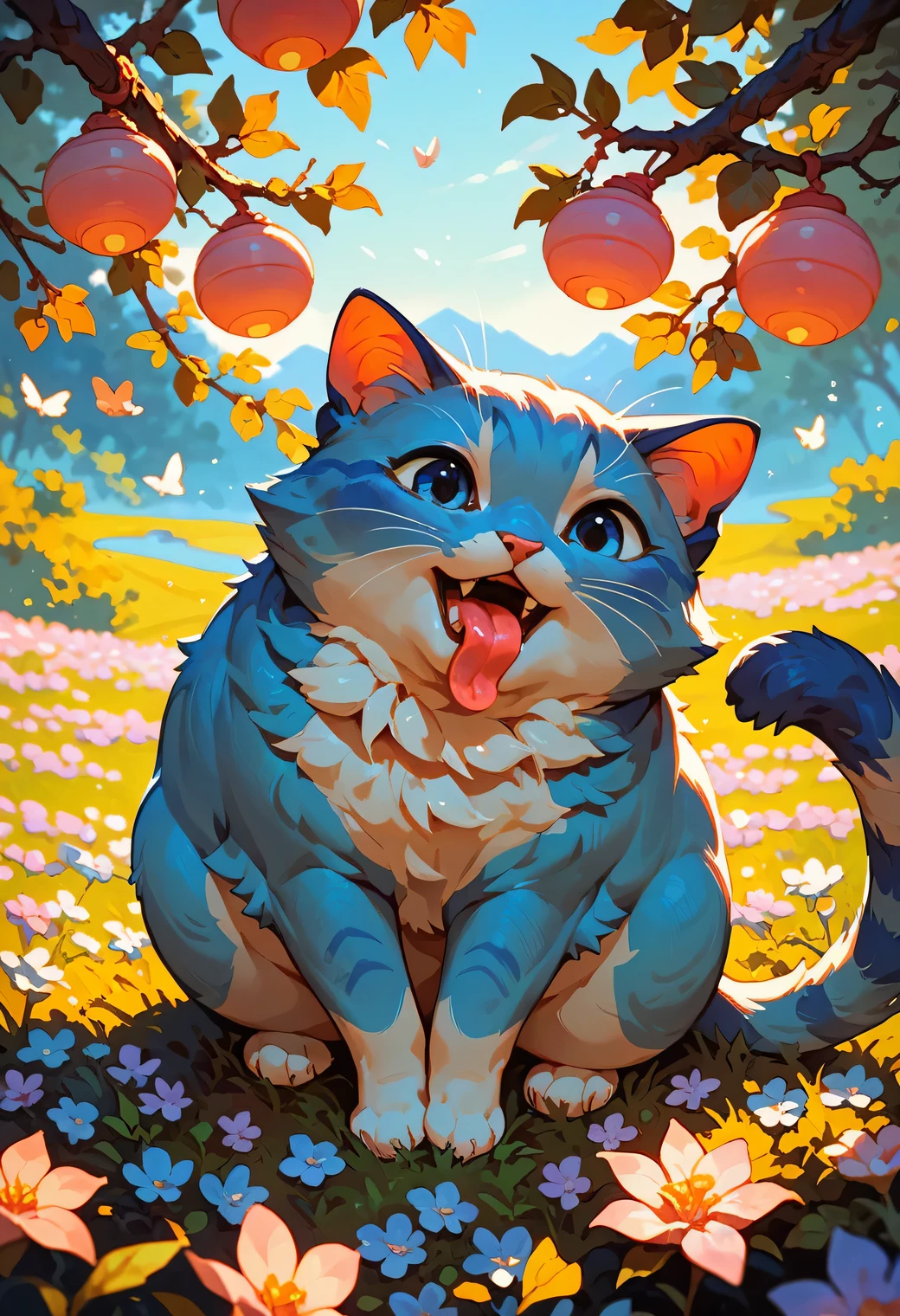 score_9, score_8_up, score_7_up, an adorable cat frolicking, ambient spring, white,blue and pink tetradic colors