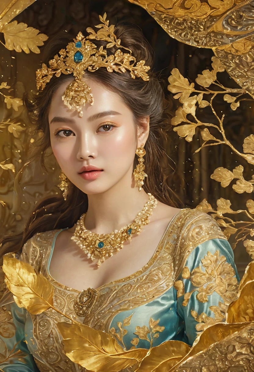 1girl, Gold Leaf Art, goldcarvingcd_xl, jinsixiangyun, traditional, golden, Gold Foil Art, gold leaf,gilded details,shimmering surface,meticulous craftsmanship,rich texture,ornate patterns,hand-applied gold leaf,golden accents,delicate brushwork,reflective surfaces,luxurious finish,breathtaking beauty,meticulous detailing,elegant composition,fine art masterpiece,visual opulence,vibrant colors,glowing golden hue,dramatic contrast,subtle shine,golden radiance,exquisite craftsmanship,gleaming surfaces,richly layered,illumination quality,baroque influences,refined elegance,luminous highlights,rich and regal,unparalleled luxury,artistic magnificence,timeless beauty,self-reflective surfaces,polished luminosity,lustrous appearance,dazzling brilliance,opulent aesthetic,opulent opulence,limitless beauty,decorative embellishments,unmatched elegance,celestial luminosity,heavenly glow,fine brushstrokes,delicate intricacy,detailed precision,exquisite artistry,dazzling exuberance,unparalleled grandeur,luxurious embellishments,illuminating radiance,dynamic texturing