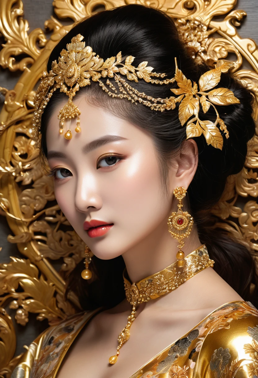 1girl, Gold Leaf Art, goldcarvingcd_xl, jinsixiangyun, traditional ...