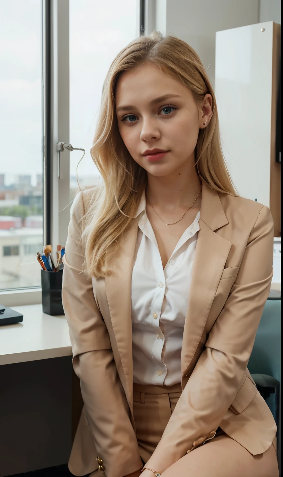Girl Dasha, blonde, sits in the office, Selfie on your phone, office suit, blazer, blouse