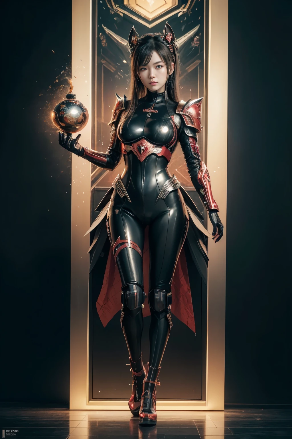 (Haute qualité), (chef-d&#39;œuvre), (détaillé), 8k, Représentation hyperréaliste d&#39;un futuriste (1fille1.2), Personnage japonais entouré de rouge métallisé avec armure noire, combinaison intégrale, visage de détail, détail du sein, détail du corps, main de détail, chaussures de détail. Des détails méticuleux capturent la fusion dynamique de la tradition et de l&#39;innovation dans cette composition visuellement époustouflante. tendance sur artstation.