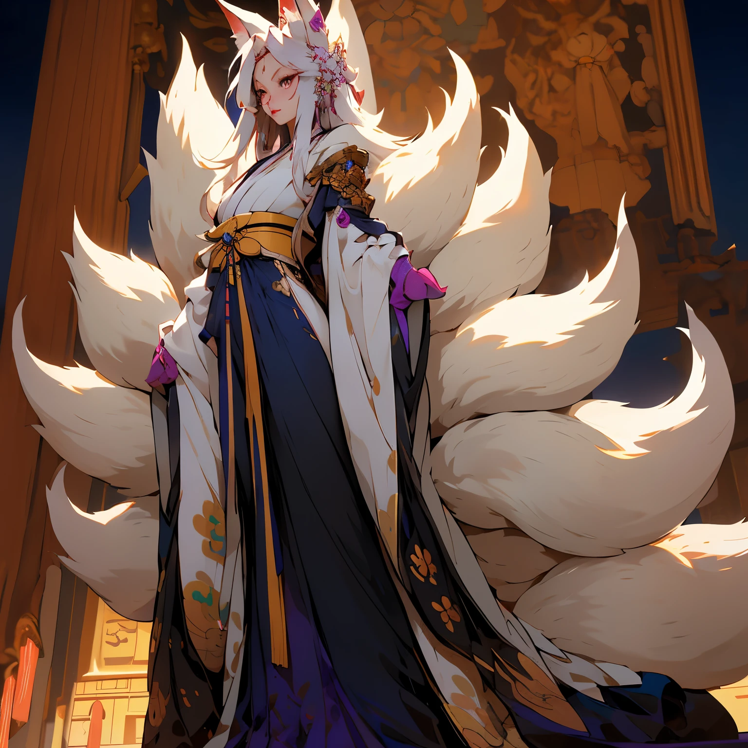 Mature fox lady, Crown princess of the fox race, original, (masterpiece), (figure), (extremely fine and beautiful), (perfect details), (Unity CG 8K Wallpaper:1.05), (beautiful and clear background:1.25), (Depth of the bounds written:0.7), (1 cute girl with (2 Fox Ears:0.9) and (fox tail on the back:1.2) stands aside the river:1.15). (cute:1.3), (detailed beautiful eyes:1.3), (beautiful face:1.3), silver hair,  (purple hair:0.7), (purple ears:0.7), long hair, (Japan no Kimomo:1.25), (hair blowing in the wind:1.1), (blue eyes:1.1), (girl:1.1), Butterflies are flying around, (Moonlight:0.6), wood, (summer), (night:1.2), (close:0.35), (gloves:0.8), alone