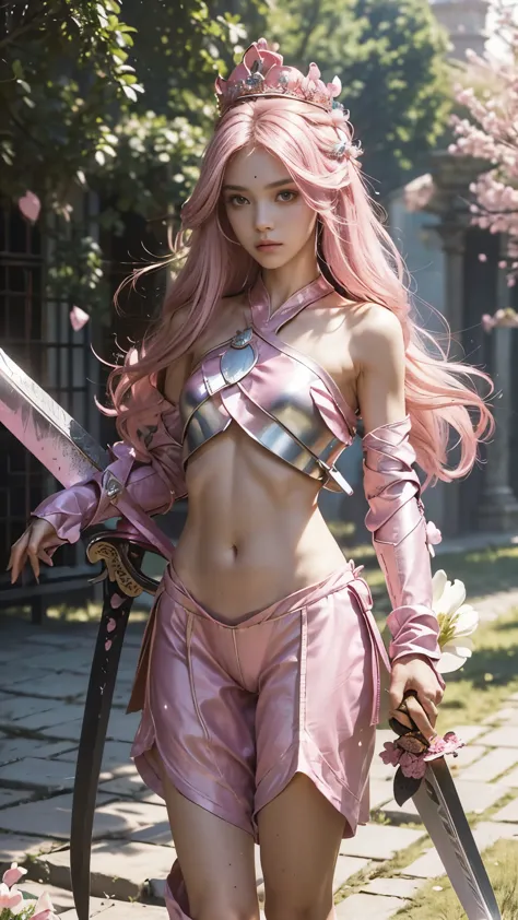 model shoot,1 girl, (innocent face:1.4), long hair, (assassin armor:1.5), (pink outfit:1.5), bare shoulder, ( beautiful crown:1....