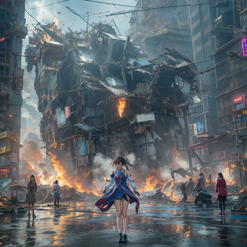 (highest quality、4k、8K、High resolution、masterpiece: 1.2)、Super detailed、(genuine、photogenuineistic、photogenuineistic: 1.37)、Destruction of a Great City、(A woman with telekinesis stands in front of a mech controlled by the invaders:1.37) 、(Women are young and beautiful、18-year-old、unparalleled beauty:1.5)、Insert a mental barrier to resist robot attacks、Vibrant cityscape、bright colors、Shining skyscrapers、Busy Street、Futuristic architecture and technology、Advanced Holographic Displays、Neon light splashes 、dramatic lighting、intense shadow、The awe-inspiring power that women exude、determination in his eyes、Elegant flowing gown、Dynamic action in the wind、Stretch out your arms and lunge towards the robot.、Powerful energy is emitted from the hands.、blue shining aura、sparks of electricity、electricity crackling in the air、A whirlpool of energy surrounding women、A fascinating and surgenuine atmosphere、A sense of danger and impending doom、Background chaos and destruction、Crumbling Building、Flying Debris、Smoke and flames、 The contrast between beauty and destruction、The battle between technology and the extraordinary power of young women。 cr1r3