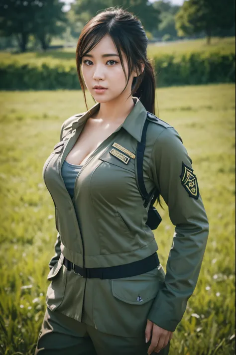 beautiful busty asian woman，slightly fat，wearing《call of duty》style,field uniforms， half body，photo, 使用佳能 eos r5 dslr 相机拍摄的photo...