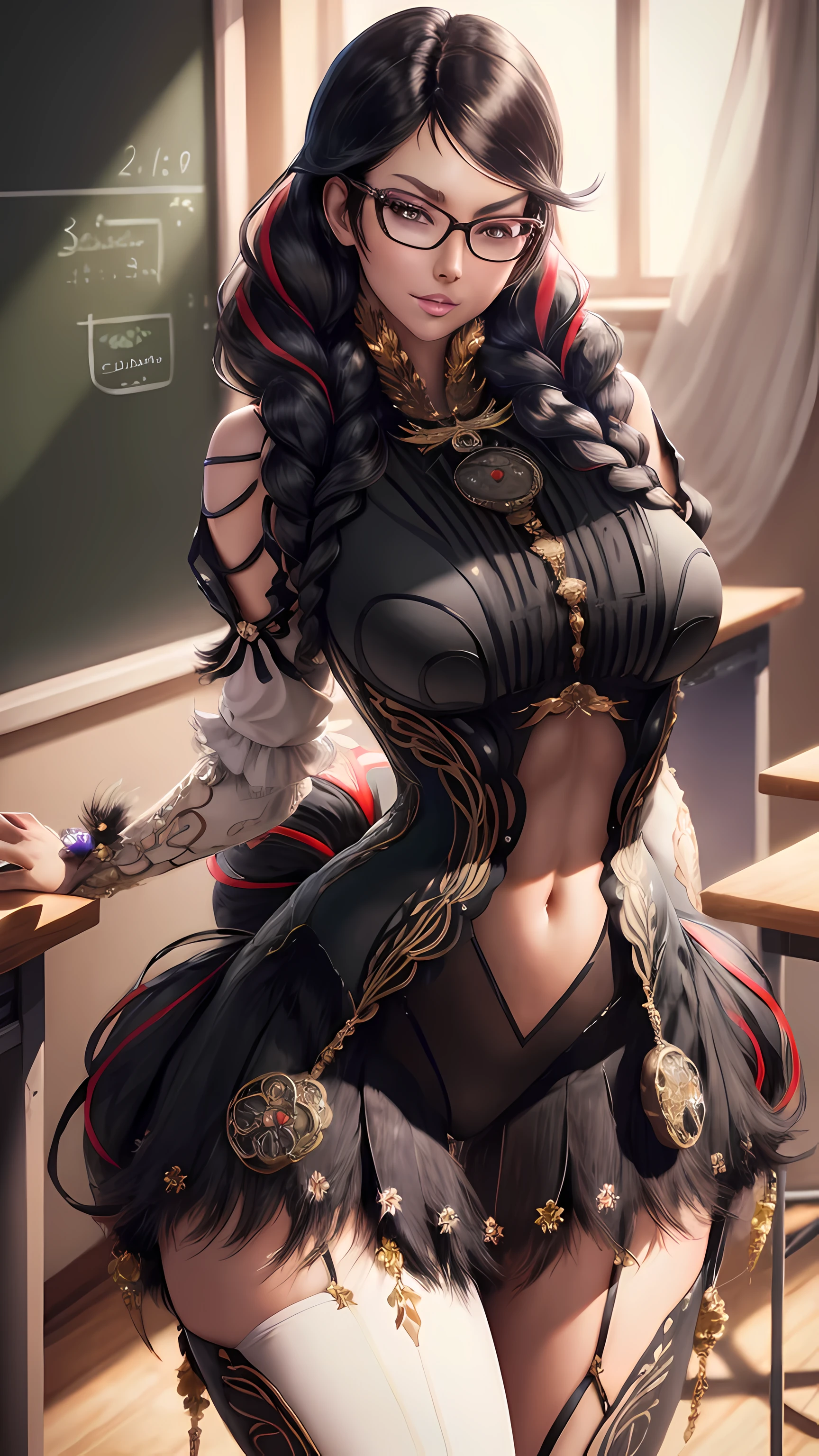 bayonetta_3_twintail_aiwaifu, sexy lingerie, classroom, blackboard,(insanely detailed, beautiful detailed face,beautiful detailed eyes, masterpiece, best quality) , solo,
