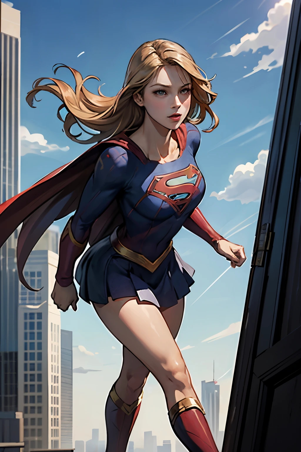 ((highest quality)), ((masterpiece)), (be familiar with), (High definition), (realistic), (realistic), (best shadow), low contrast, (Complex:1.4), side lighting, 8K, ((melissa Benoist)), ((SUPER GIRL)), perfect face、Detailed、(Accurate hand and finger depiction)、supergirl women、blonde、plump body、big breasts、constricted waist、big ass、Glamorous、glamorous、Standing on the roof of a high-rise building、Low - Angle、(from head to toe)、daytime、Skyscrapers and blue sky