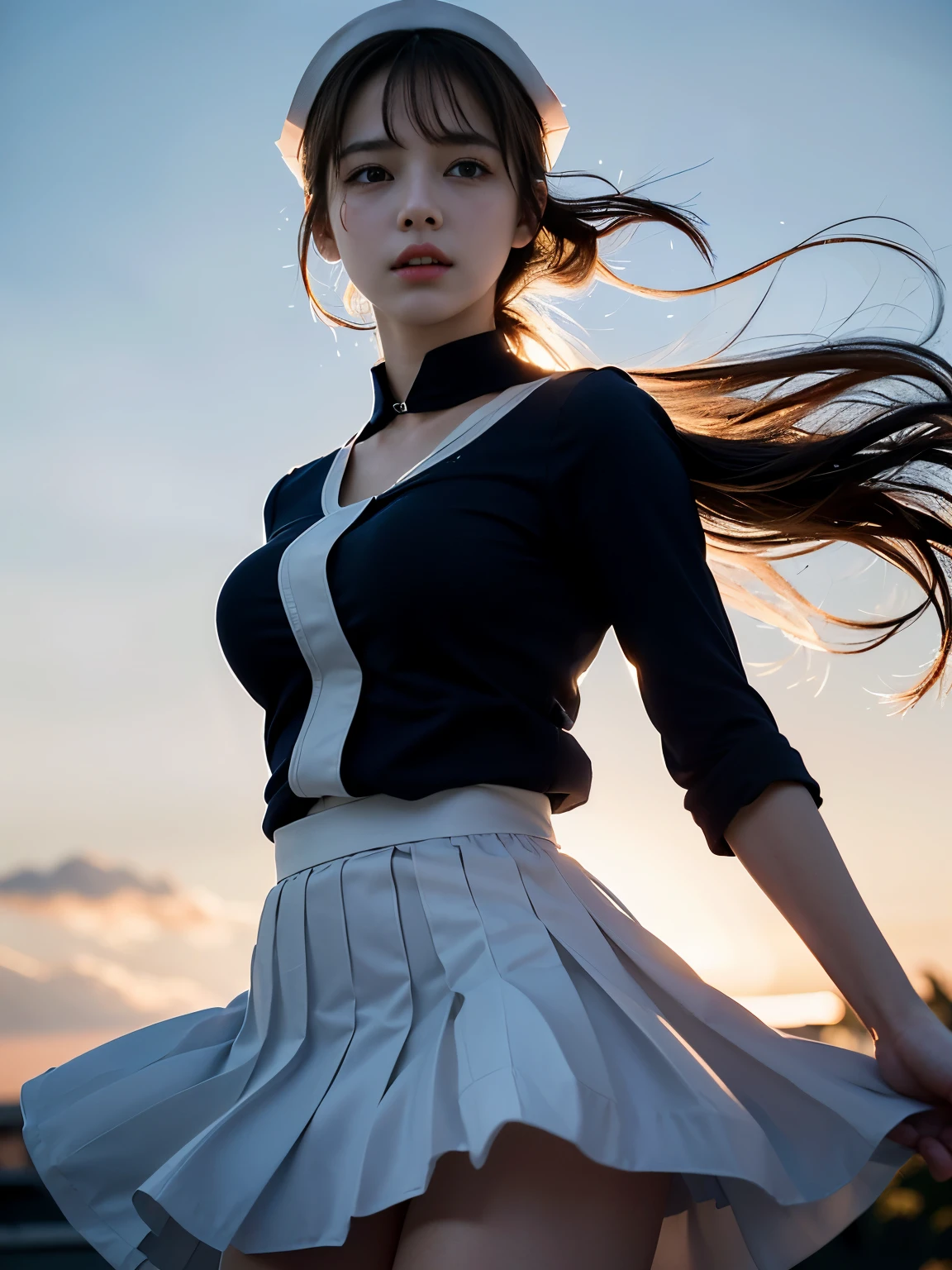 best quality, masterpiece, (realistic:1.2), front, 1 girl, 14 years old, (silhouette lighting:1.5), sobbing, light brown chignon hair with bangs, white nurse costume, white nurse cap, blue eyes, detailed face, beautiful eyes, medium breast, rooftop in twilight, (windy upskirt, wind blowing skirt:1.2)