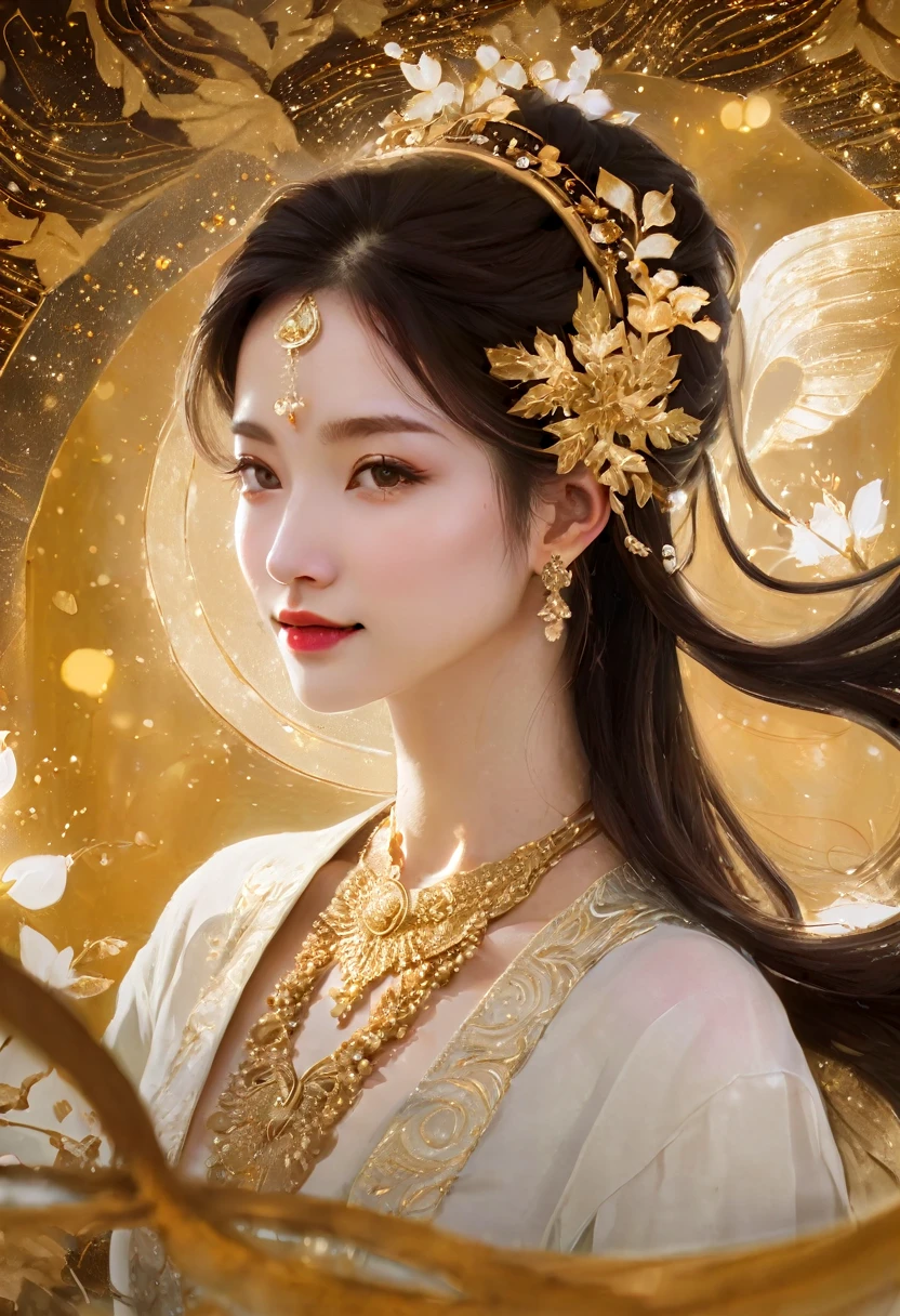 1girl, Gold Leaf Art, goldcarvingcd_xl, jinsixiangyun, traditional, golden, Gold Foil Art, gold leaf,gilded details,shimmering surface,meticulous craftsmanship,rich texture,ornate patterns,hand-applied gold leaf,golden accents,delicate brushwork,reflective surfaces,luxurious finish,breathtaking beauty,meticulous detailing,elegant composition,fine art masterpiece,visual opulence,vibrant colors,glowing golden hue,dramatic contrast,subtle shine,golden radiance,exquisite craftsmanship,gleaming surfaces,richly layered,illumination quality,baroque influences,refined elegance,luminous highlights,rich and regal,unparalleled luxury,artistic magnificence,timeless beauty,self-reflective surfaces,polished luminosity,lustrous appearance,dazzling brilliance,opulent aesthetic,opulent opulence,limitless beauty,decorative embellishments,unmatched elegance,celestial luminosity,heavenly glow,fine brushstrokes,delicate intricacy,detailed precision,exquisite artistry,dazzling exuberance,unparalleled grandeur,luxurious embellishments,illuminating radiance,dynamic texturing