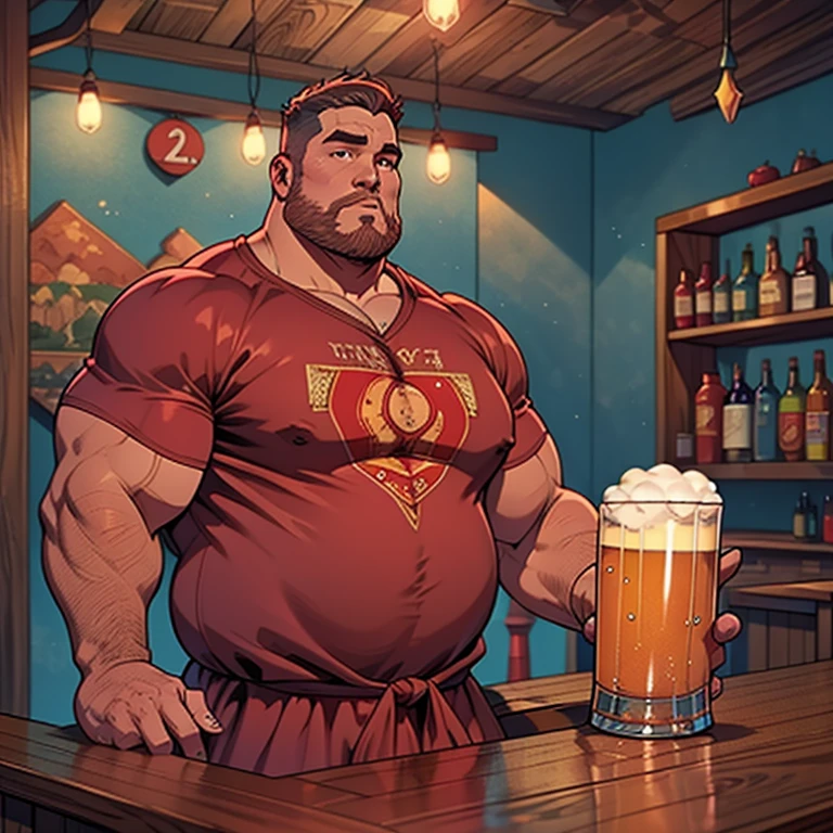 Faire un homme avec l’obésité. Cet homme doit porter des vêtements rouges. Il doit être à l’intérieur d’un bar. Il boit de la bière. Photo ultra réaliste, Qualité 8K, Full HD