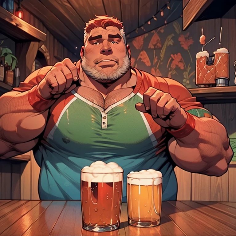 Сделать человека с ожирением. Этот мужчина, должно быть, одет в красную одежду. Он, должно быть, в баре. Он пьет пиво. ультра реалистичное фото, качество 8к, Full HD, разговаривают и жестикулируют руками 
