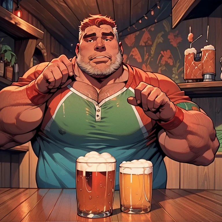 Make a man with obesity. Esse homem deve estar usando roupa vermelha. Ele deve estar dentro de um bar. He's drinking beer. Foto ultra realista, qualidade 8k, Full HD, talking and gesturing with their hands 