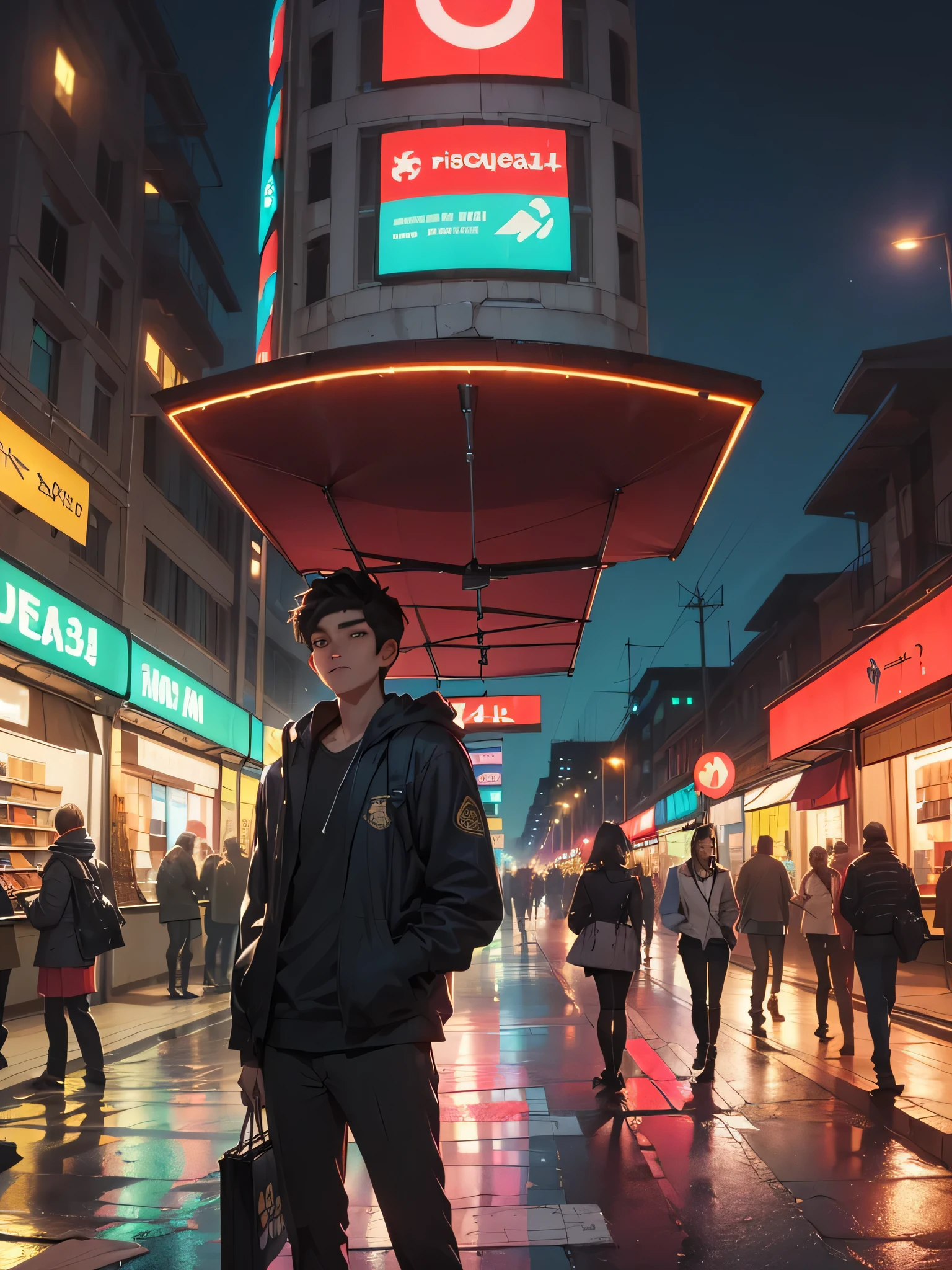 plano general, ((hermosa joven con paraguas esperando un taxi en una esquina de la ciudad, textura de piel, altamente detallada y realista:1.5)), (ciudad, calle a medianoche, viento, Papeles voladores, charcos de agua en las calles , ((cartel con texto, "tienda 24 horas":1.3) ), coches antiguos, alumbrado público, Lluvia Pesada gotas de lluvia bien definidas:1.4, noche oscura y fría: 1.3), obra maestra, Híper realista, muy detallado y bien definido, imagen premiada, Hermosa fotografía, CGK: 1.4, 8K