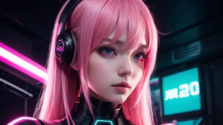 1 girl, pink neon ,android, 女性android , cyber punk, club,dim lighting, neon signs,fc portrait, neon,cyber punk, futuristic ,