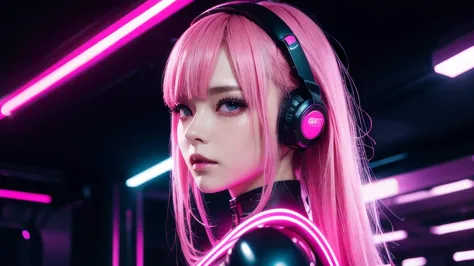 1 girl, pink neon ,android, 女性android , cyber punk, club,dim lighting, neon signs,fc portrait, neon,cyber punk, futuristic ,