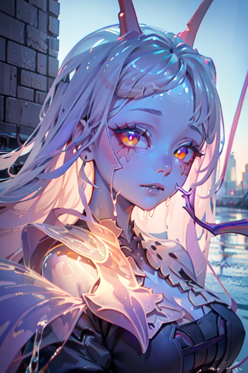 (Translucent liquid skin:1.6), No humans, punk outfit, purple hair, partial fused exoskeleton, Beautiful eyes with fine symmetry, (Intricate details:1.4), (Highly detailed face and eyes:1.2), slim figure, destroyed city, urban combat, anime, fantasy, detailed background, 2D, (Highly detailed), (high resolution), (Best quality), (masterpiece)
