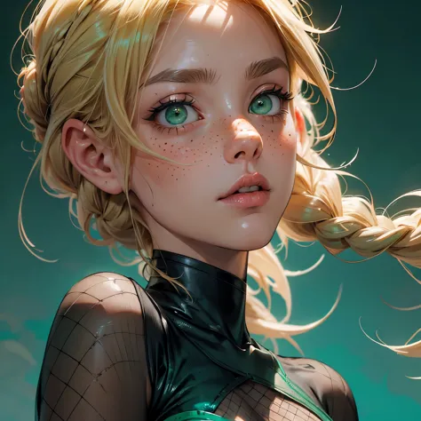 Military, blonde hair blonde woman braids with freckles turquoise green eyes a strangulation and strangler on head tights black fishnet combination, soleil vert, vert