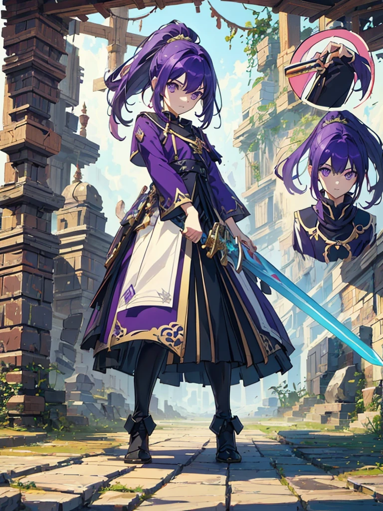 (masterpiece:1.2, highest quality),(Colored Background) (Beautiful detailed eyes: 1.2), (Highly detailed CG Unity 8K wallpaper, masterpiece, highest quality, Super detailed, best shadow), (detailed background) ,arms(have a sword),solo ,purple hair,purple eyes,ponytail,1girl, sketch (Character design sheet, same character, full body, Three-View, front, ~ side, return), solo,background white, Setting picture