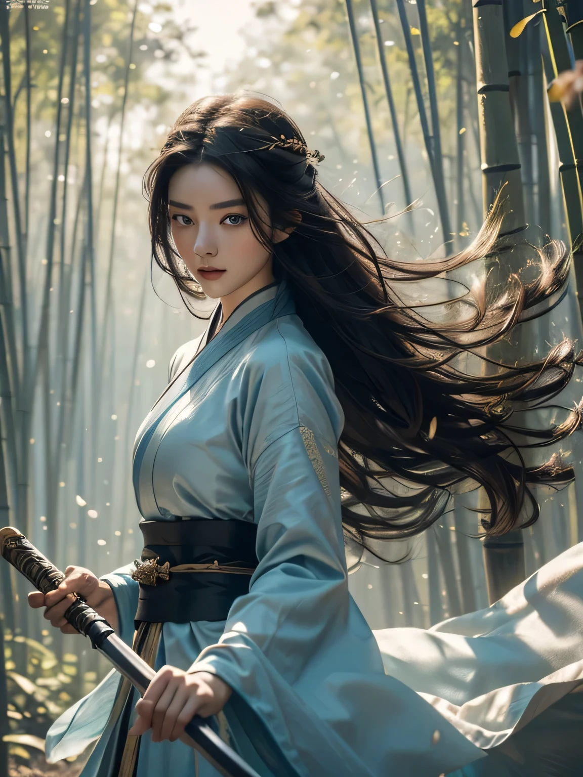 whole body,Wide angle frontal beauty,Hand holding a sword,Run forward,in the bamboo forest,There is a golden glowing magic circle on the body, Wearing light blue exquisite Hanfu,Exquisite hair accessories on head, Attractive forward leaning detailed skin, Hyper-realistic 8K CG, picture-perfect face, flawless, Clean, masterpiece, professional artwork, famous artwork, movie lighting, movie bloom,((black hair)),(1 girl, beautiful chinese girl),perfect face, (young:1.1),((Suitable for body shape)),((25 years old)), pretty face, beautiful blue eyes,Detailed eyes, Detailed face, (((perfect female figure, Willow Yao))),((girl standing)),Blade sideways,striking position,Blade left,Blade right hand,, Cherry blossoms,, (masterpiece, best quality, high quality, high resolution, Super detailed), 
