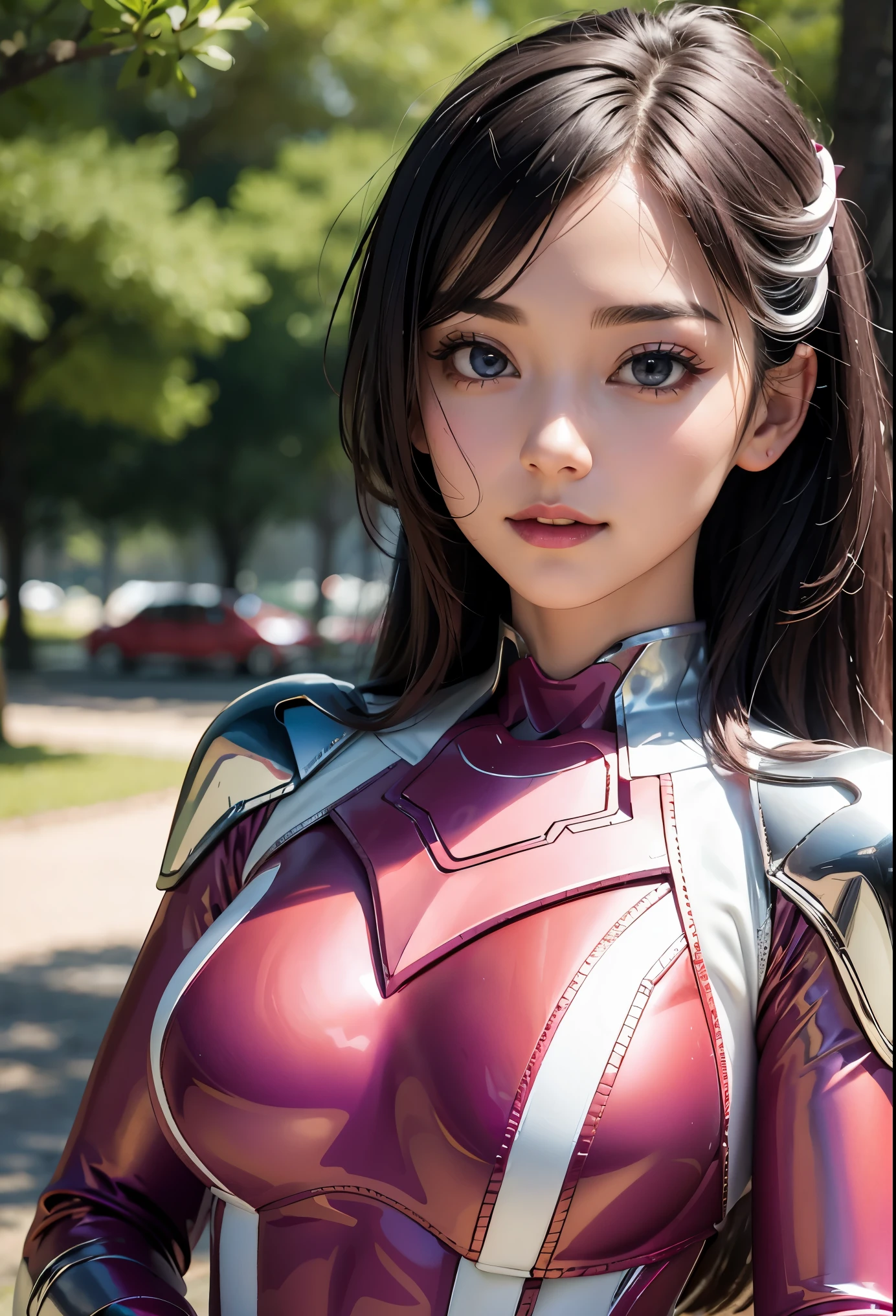 ((PinkRanger, EnakoV1)), 1girl, A beautiful 20 years old Japanese girl, Angelic, cute face,
Beautiful detailed eyes, 
(Large eyes:1.3),long eyelashes,
see-through bangs,
(beautiful detailed face and eyes:1.4), 
Beautiful short dark hair, beautiful smile,
(Best Quality:1.2),
Raw photo, 
High resolution, 
perfect detail, 
Professional Photography, 
Professional Lighting, (Metallic coral magenta and White Hero Suit:1.3), Ultra-tight fit bodysuit, Belt, Huge breasts, Beautiful legs, Strong lighting of the bodysuit,in the park, sexy figure:1.2, half body portrait