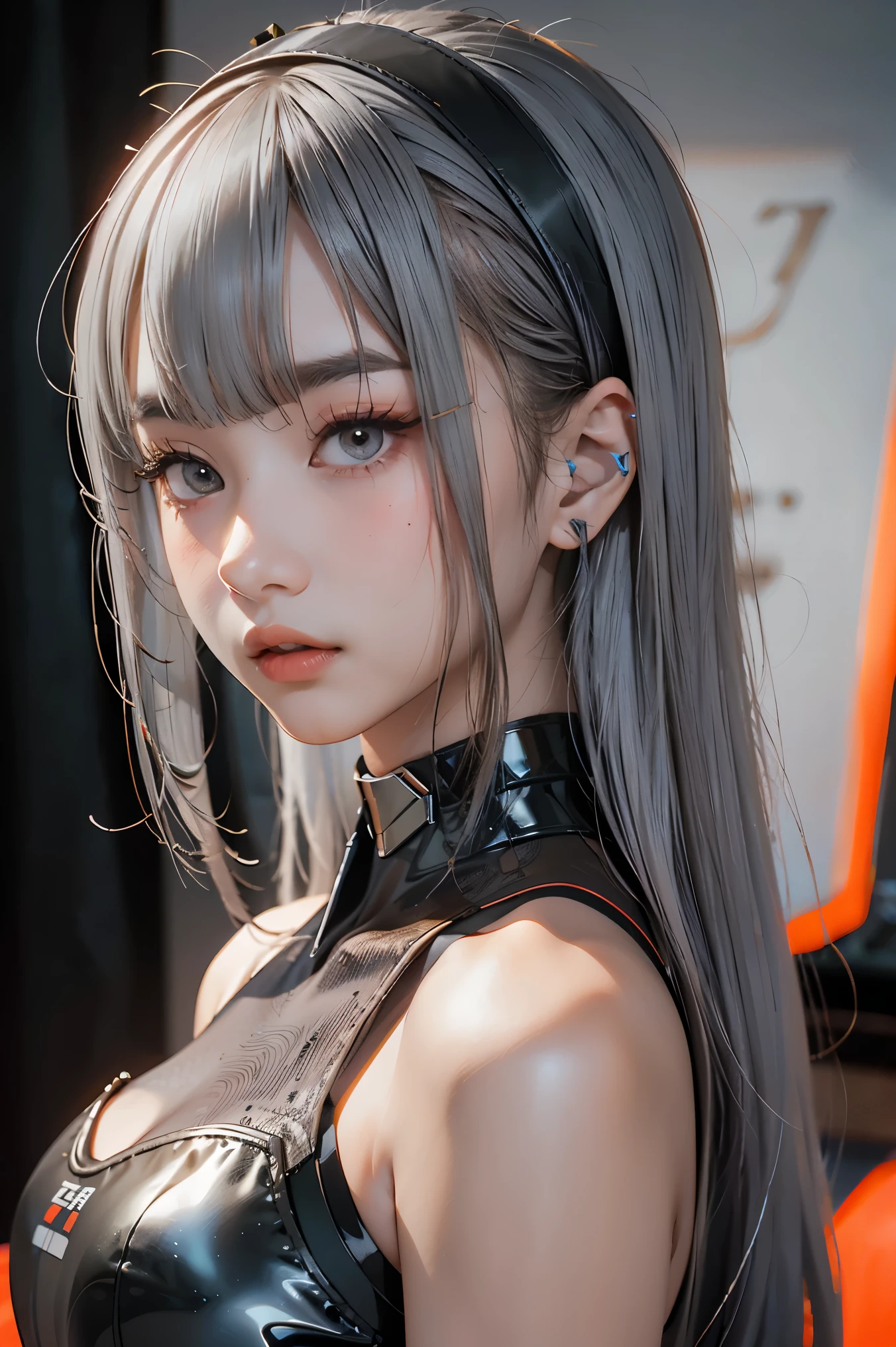 Masterpiece,Game art,The best picture quality,Highest resolution,8K,(Portrait),Unreal Engine 5 rendering works,(Digital Photography),((Portrait Feature:1.5)),
20 year old girl,Short hair details,With long bangs,(The red eye makeup is very meticulous),(With long gray hair:1.4),(Large, full breasts),Elegant and noble,Brave and charming,
(Future armor combined with the characteristics of ancient Chinese armor,Hollow design,Power Armor,The mysterious Eastern runes,A delicate dress pattern,A flash of magic),Warrior of the future,Cyberpunk figures,Background of war,
Movie lights，Ray tracing，Game CG，((3D Unreal Engine))，OC rendering reflection pattern