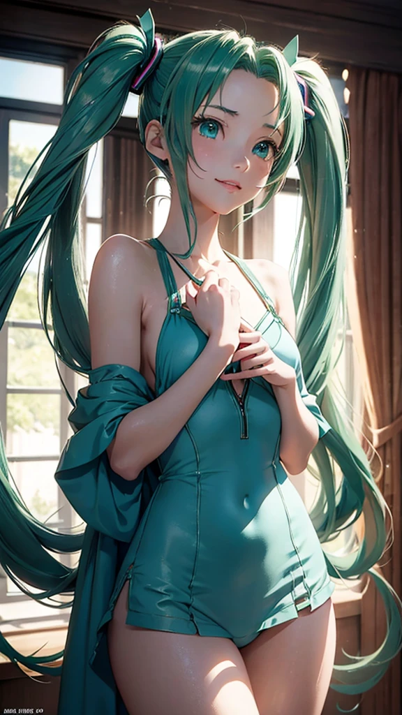 Super detailed, NSFW, masterpiece, High resolution, Photorealistic digital art, perfect lighting, (((1 girl, perfect anatomy))), accurate right hand, accurate left hand, five fingers, perfect style, ((hatsune miku,)) 3d face, big light blue-green eyes, glossy lips, blue-green long hair, shiny skin, smile, (((twin tails))), big square hair accessories, (aerith), 