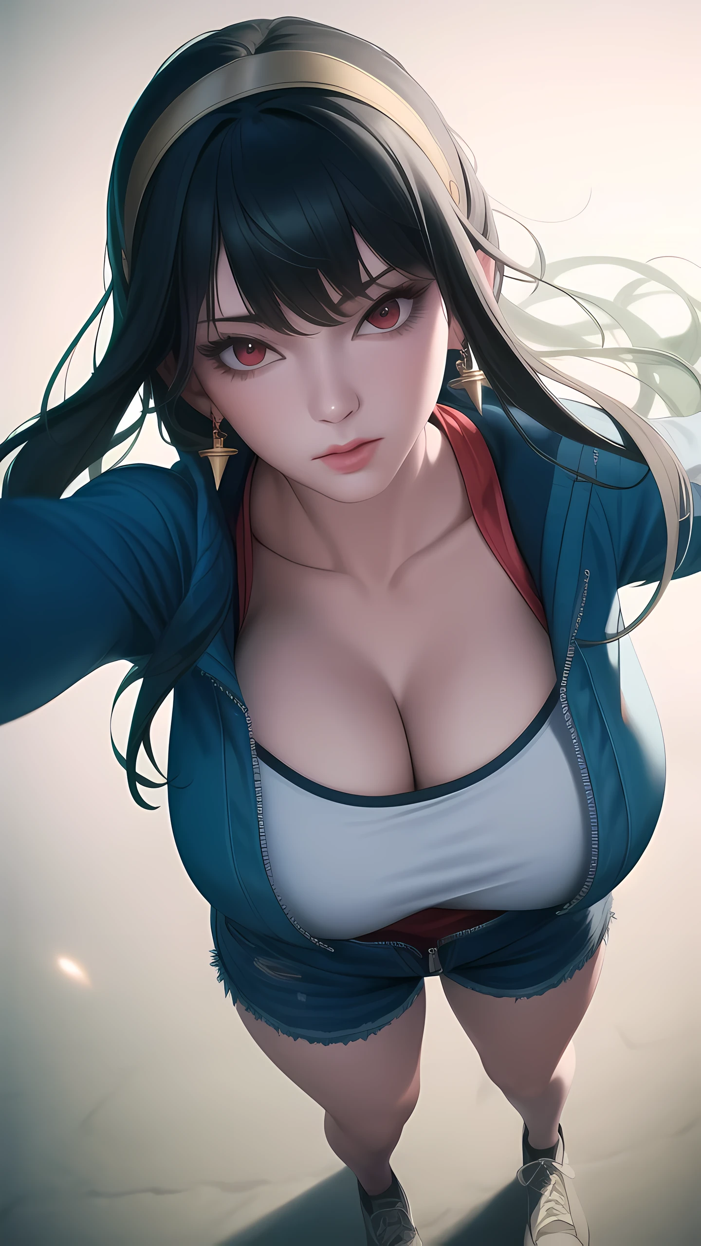 , full body, (masterpiece), (best quality), ultra high res, ultra detailed, detailed eyes, intricate,  1girl, looking at viewer, bbyorf, short hair with long locks, gold hairband, red eyes, gold earrings, large breasts,  black shirt, white tank top, blouse, cleavage, collarbone, denim, denim shorts, jacket, long sleeves, ((open clothes)), open jacket, partially unzipped, blue jacket, shirt, short shorts, shorts, tank top, track jacket, unzipped, ((large breasts, big hips, tight clothes, cleavage, looking at the viewer)), (abs:0.8), BLUSHED, UNDERBOOB (realistic:1.2), (realism), (masterpiece:1.2), (best quality), (ultra detailed), (8k, 4k, intricate),(85mm),light particles, lighting, (highly detailed:1.2),(detailed face:1.2), (gradients), colorful,(detailed eyes:1.2),(detailed background),detailed landscape, (dynamic angle:1.2), (rule of third_composition:1.3), (Line of action:1.2)