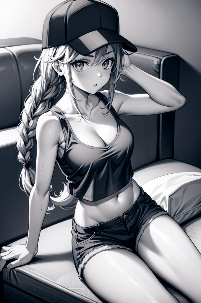 cartoon of a naked woman in a top with a baseball cap on, 1girl, breasts, solo, hat, baseball cap, spot color, cleavage, navel, shorts, looking at viewer, long hair, monochrome, thighs, blue eyes, braid, stomach, crop top, sitting, sleeveless, midriff, twin braids, short shorts, collarbone
