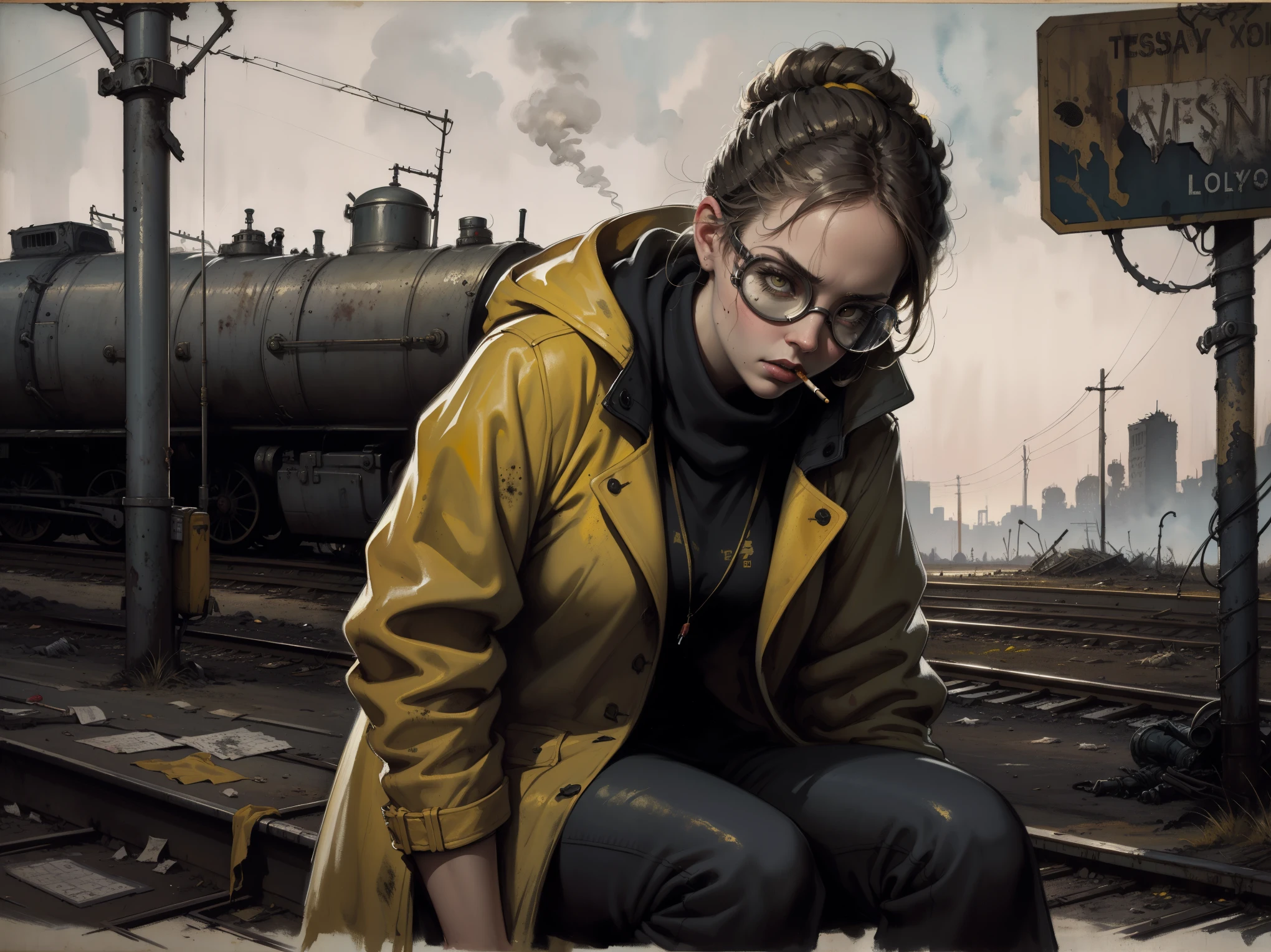 masterpiece, best quality, 1girl, (closeup), engineer, slim, (yelow coat, goggles), sitting, (smoking cigarette), serious, dirty face, wasteland, abandoned train station, industrial ruins, grey, desolate, dark, watercolor, sketch