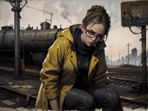 masterpiece, best quality, 1girl, (closeup), engineer, slim, (yelow coat, goggles), sitting, (smoking cigarette), serious, dirty...