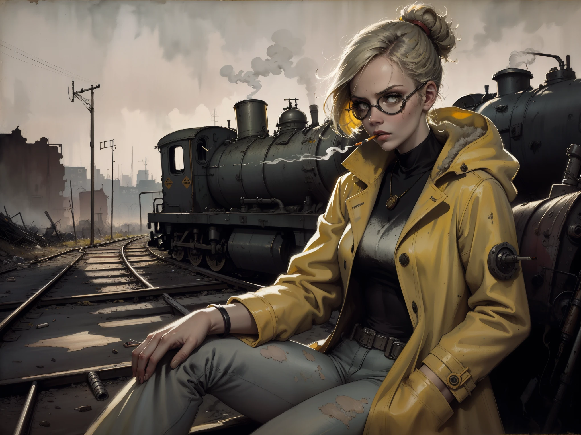 masterpiece, best quality, 1girl, (closeup), engineer, slim, (yelow coat, goggles), sitting, (smoking cigarette), serious, dirty face, wasteland, abandoned train station, industrial ruins, grey, desolate, dark, watercolor, sketch