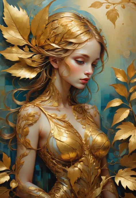 Gold Leaf Art, by lois van baarle, best quality, masterpiece, very aesthetic, perfect composition, intricate details, ultra-deta...